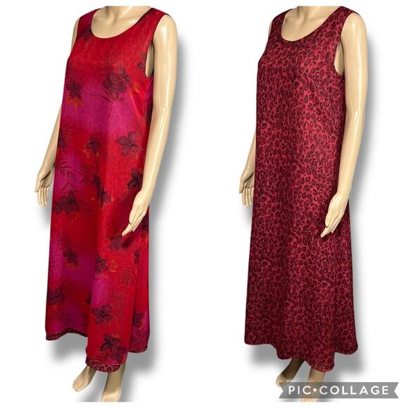 Vintage 90s Womens Reversible Shift Dress Maxi Floral Animal Leopard Print Red - Picture 1 of 13